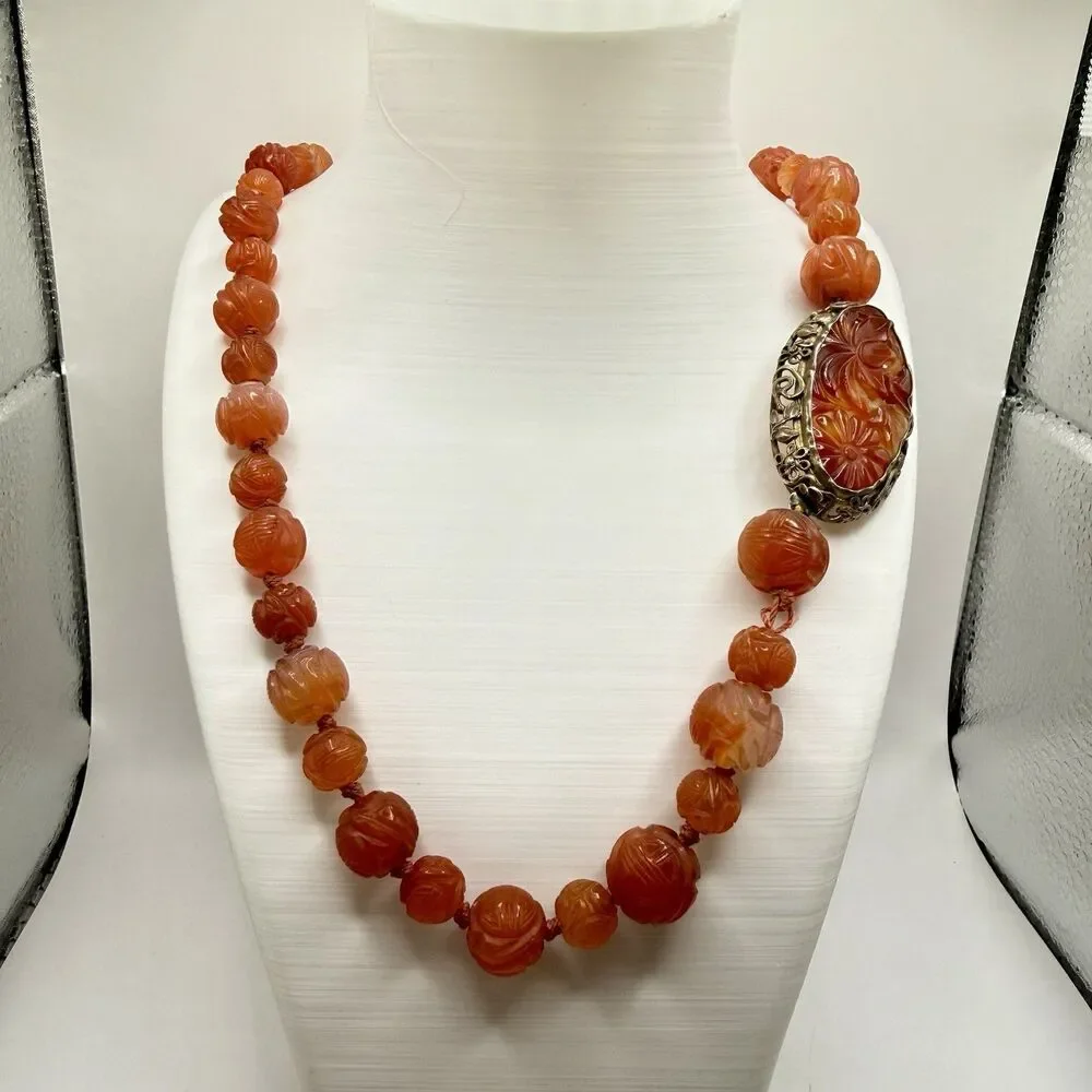 Vintage Chinese Carved Carnelian Sterling Silver Filigree Art Deco Bead Necklace